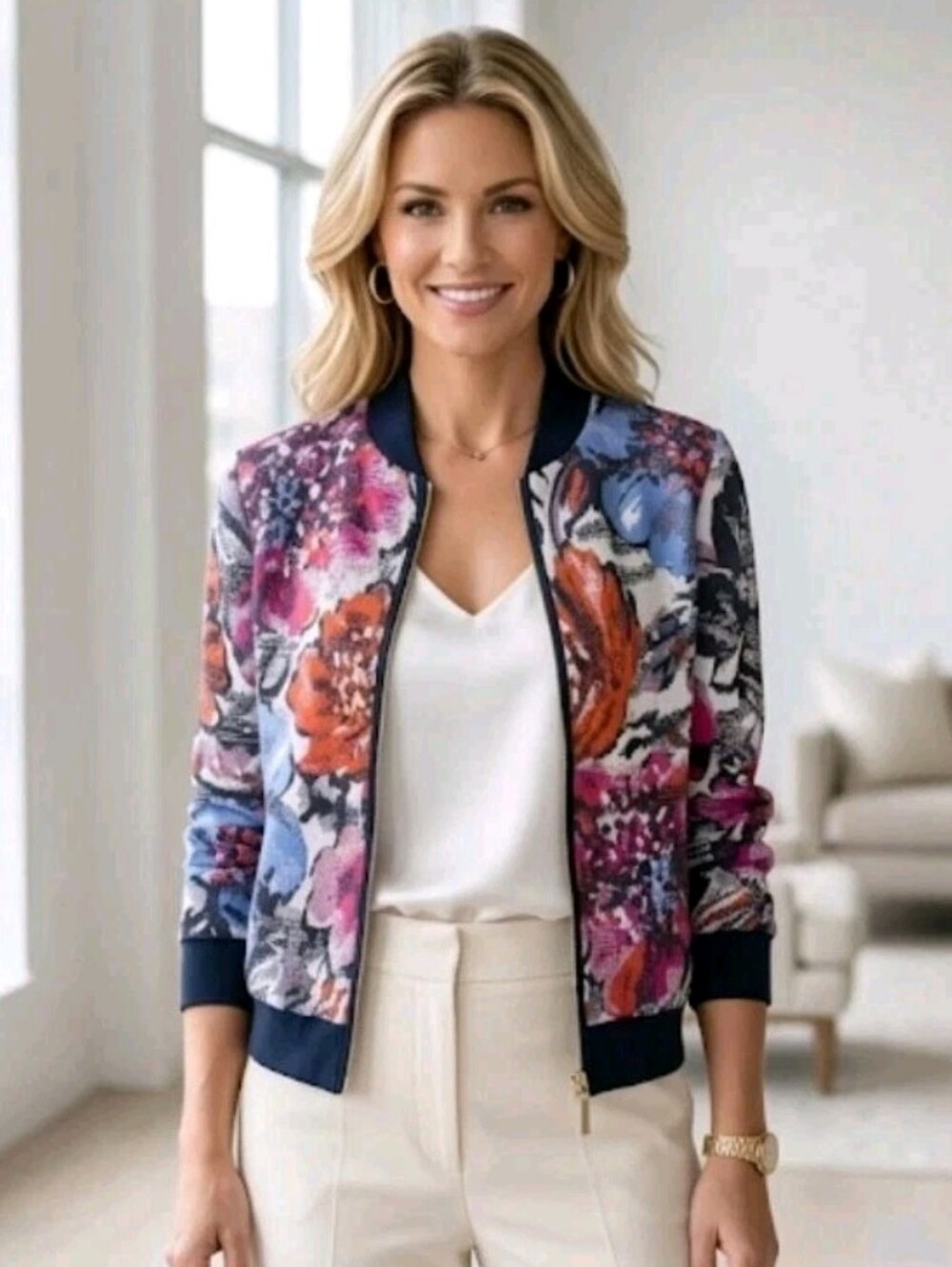 St. John Floral Bomber Jacket Wool Blend Full Zip